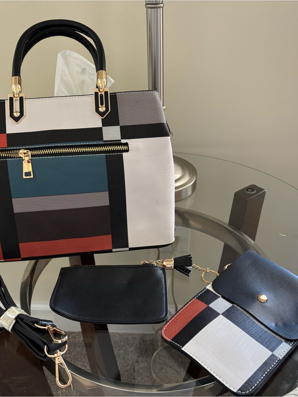 Stylish Geometric Pattern Top-Handle Tote — Black, White & Multicolor NWOT